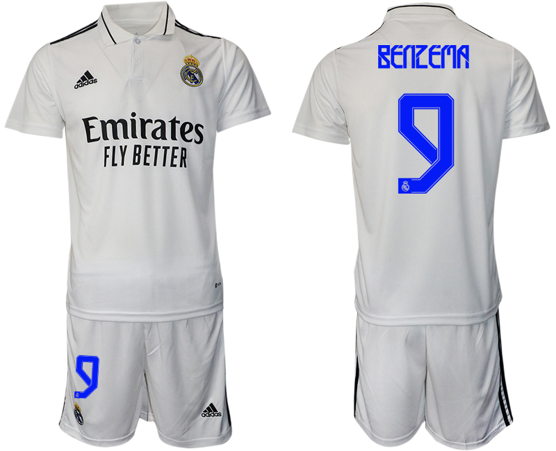 Men's Real Madrid #9 Karim Benzema 22/23 White Home Soccer Jersey Suit
